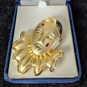 NOS Vintage Pierrot Clown Brooch Pin Gold Tone Red Enamel Accent